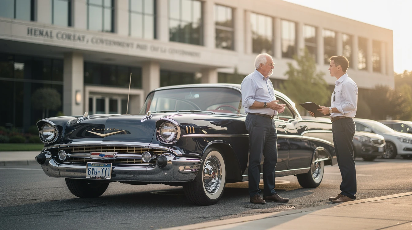 Two men discussing classic car registration next to restored vintage Chevrolet at dealership