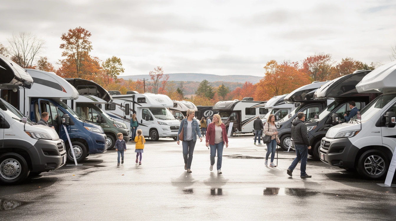 RV show attendees look at white and blue motorhomes parked in wet lot with fall foliage mountains in background