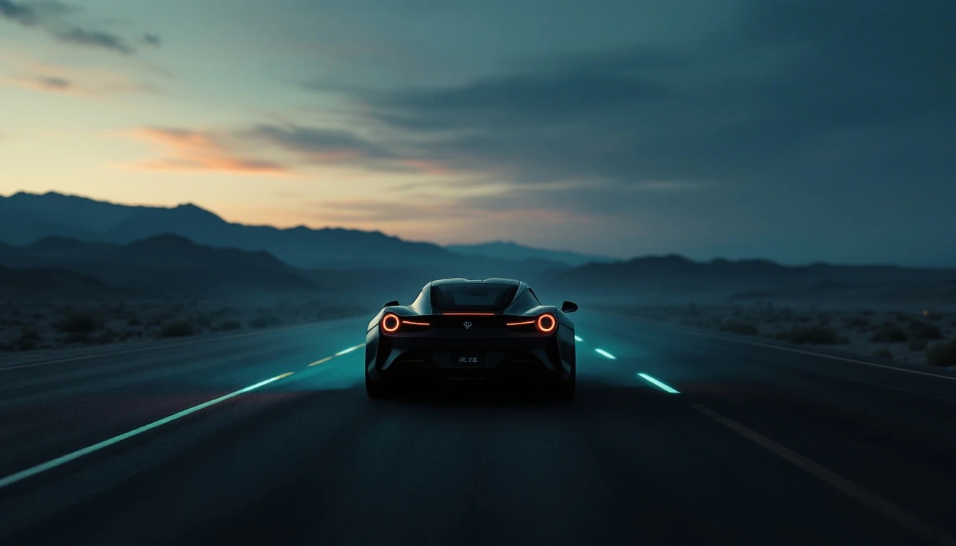 Elevated red sports car on wet mountain road at dusk with snow-capped peaks