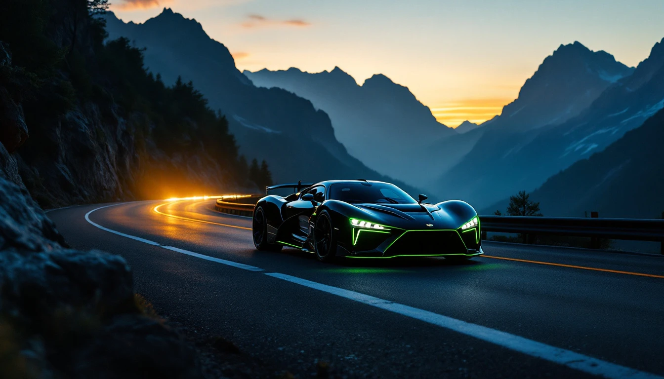Sleek sports car with glowing green headlights driving mountain road at sunset during renaissance festival motorcycle event.