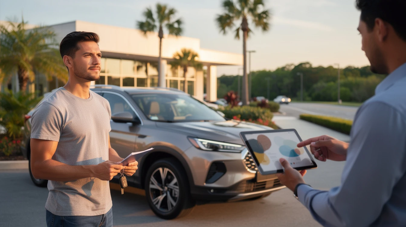 Man receiving car keys from dealer at Florida dealership lot with vehicle purchase documentation on tablet