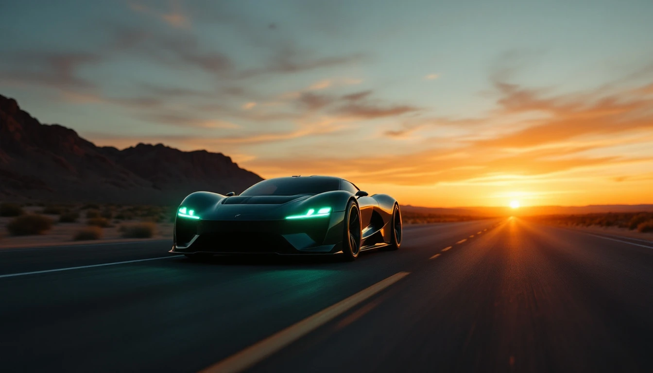 Sleek sports car driving on desert highway at sunset with headlights