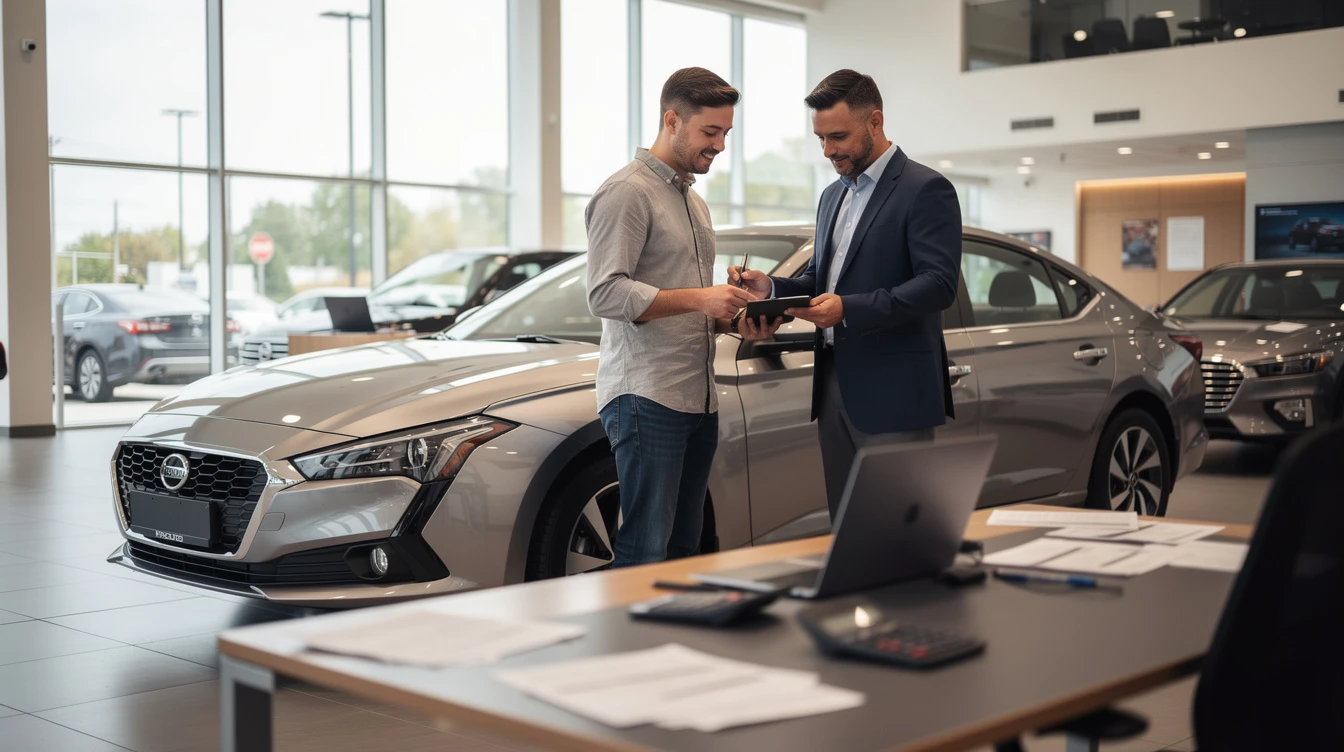 Car salesman completing paperwork with customer at dealership showroom