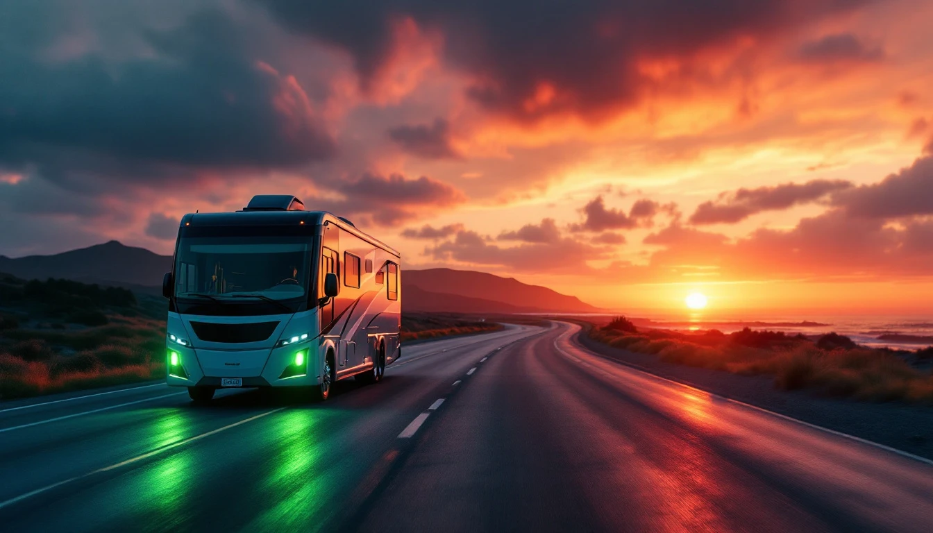Modern RV motorhome driving on highway at sunset with mountains and scenic landscape vista