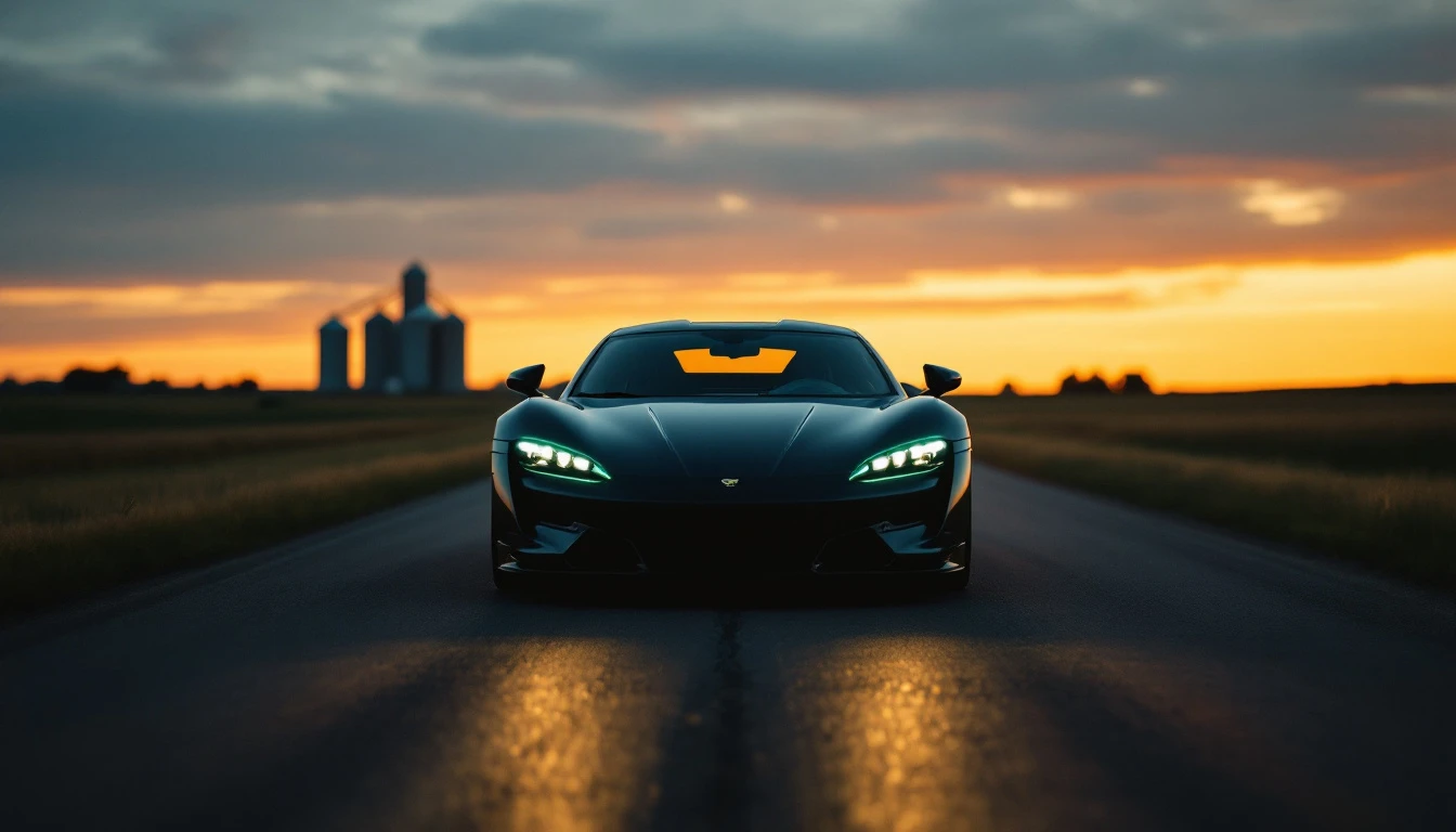 Black sports car with LED headlights driving on rural highway at sunset
