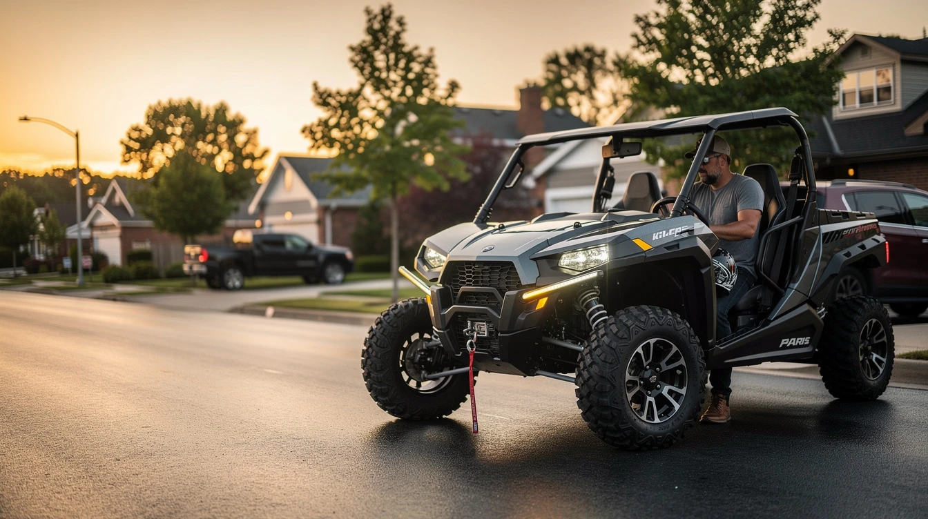 Modified side-by-side UTV parked on residential street at sunset for street-legal registration demonstration