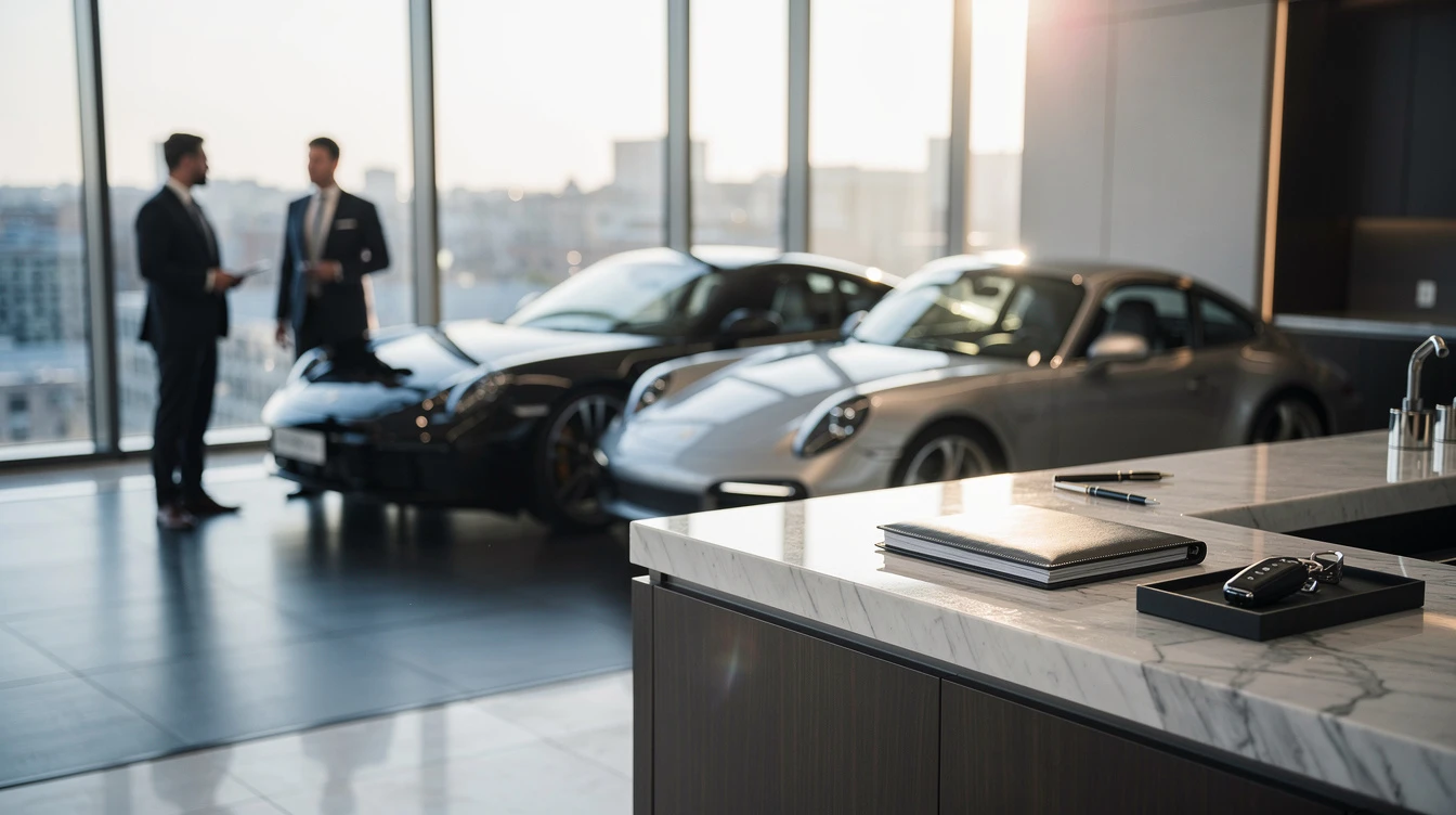 Elevated exotic sports cars displayed in high-rise showroom with businessmen discussing vehicle registration and ownership