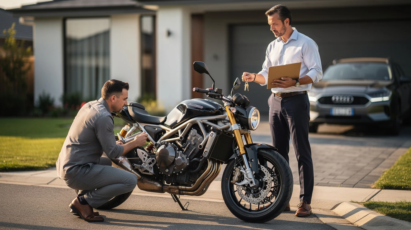 Salesman showing motorcycle title documents to buyer during outdoor inspection at residential driveway