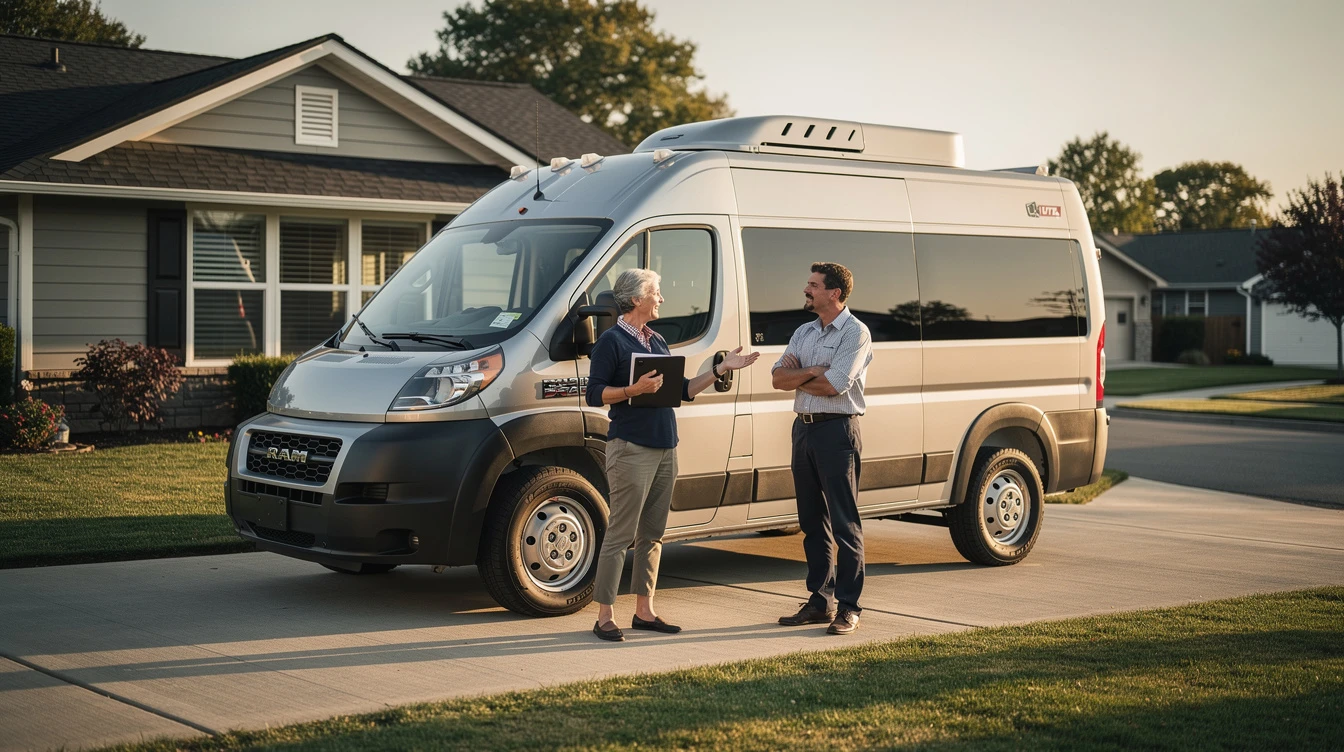 Ram Promaster van parked in residential driveway with salesman and customer discussing vehicle registration and insurance