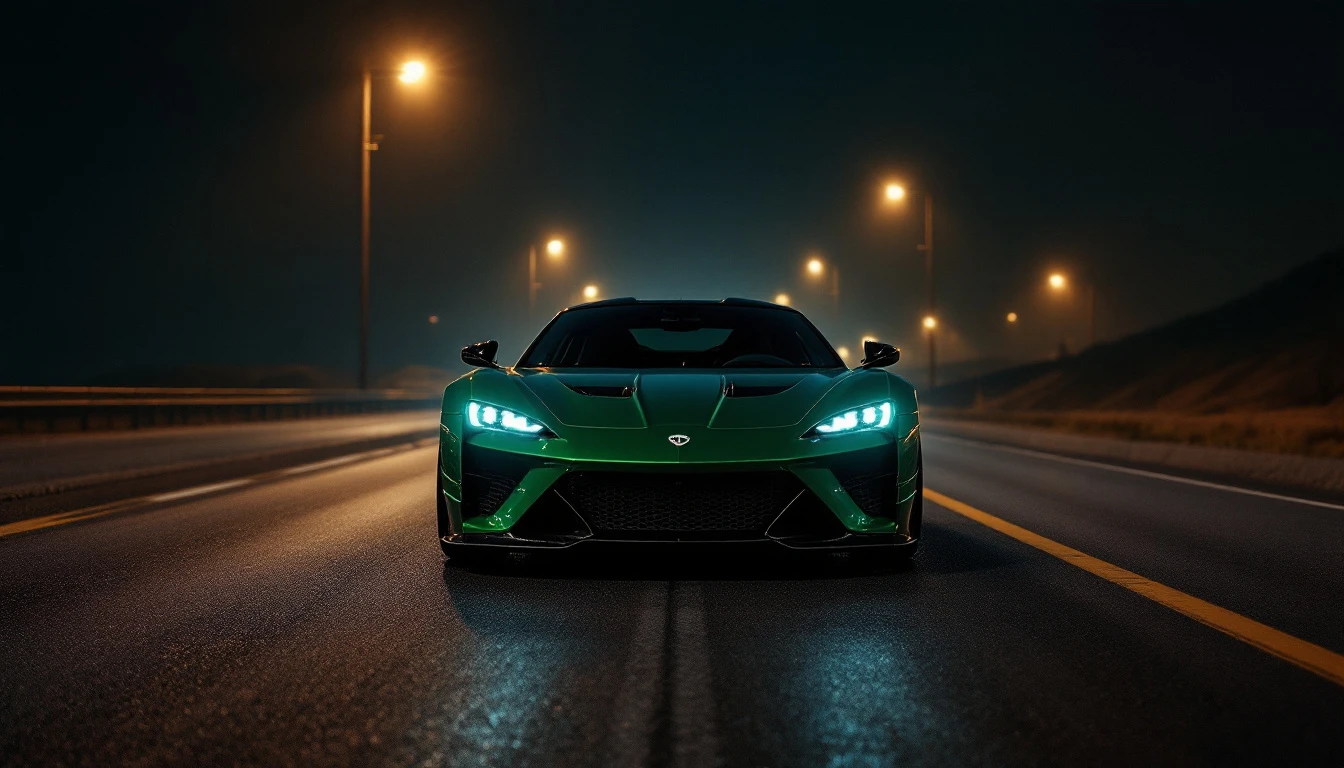 Green supercar driving on nighttime highway with streetlights