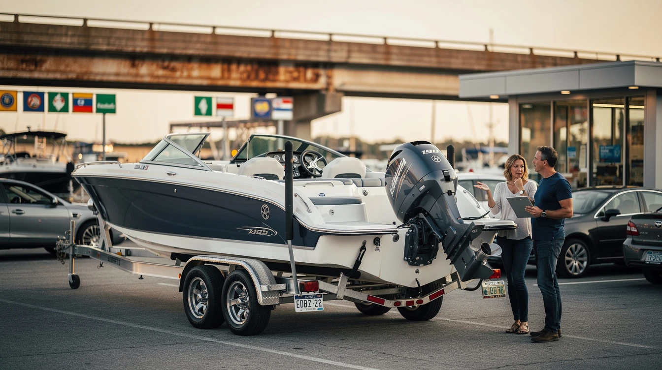 Couple inspecting white boat on trailer at marina, demonstrating vessel registration and out-of-state boating purchase