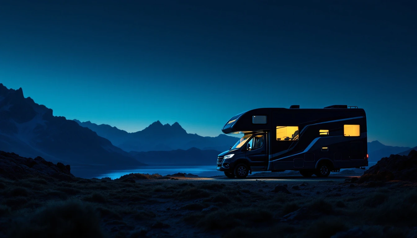 Black elevated motorhome parked at night overlooking mountain lake