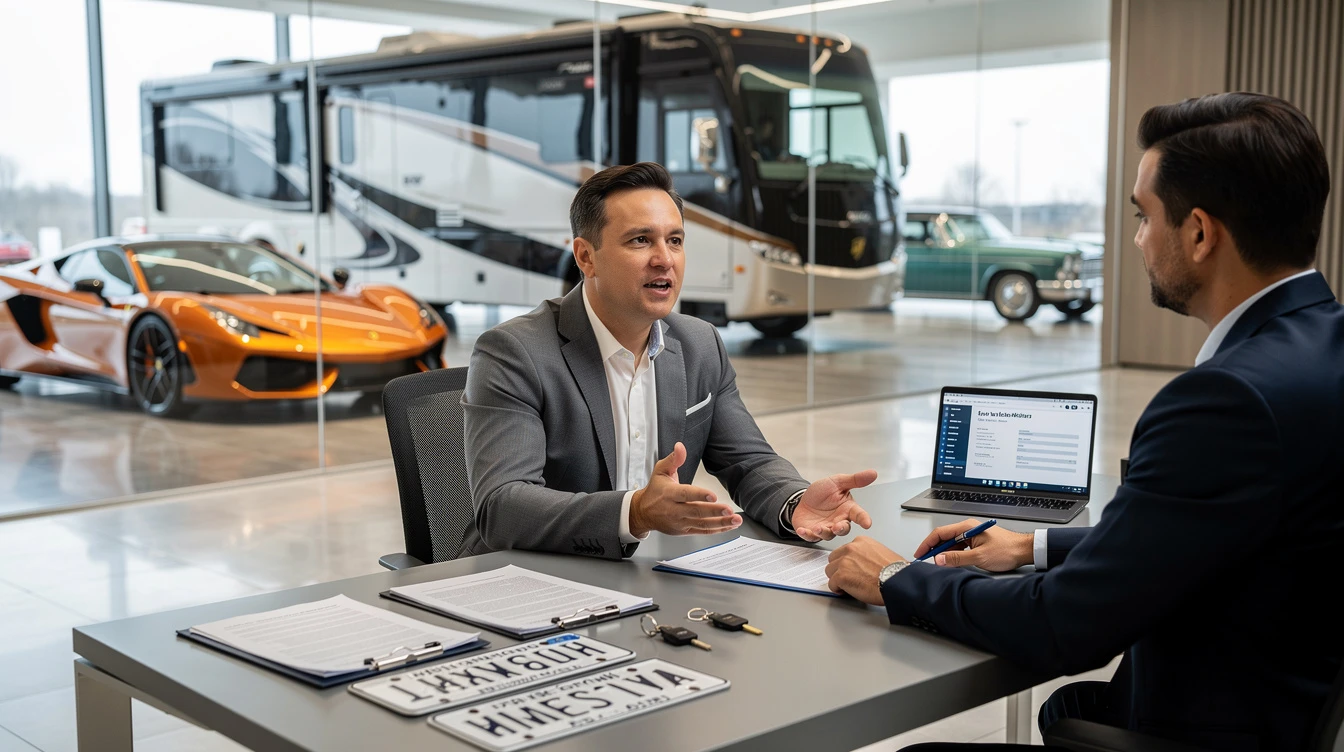 Professional car dealership salesman discussing vehicle registration and ownership documents with client at elevated showroom