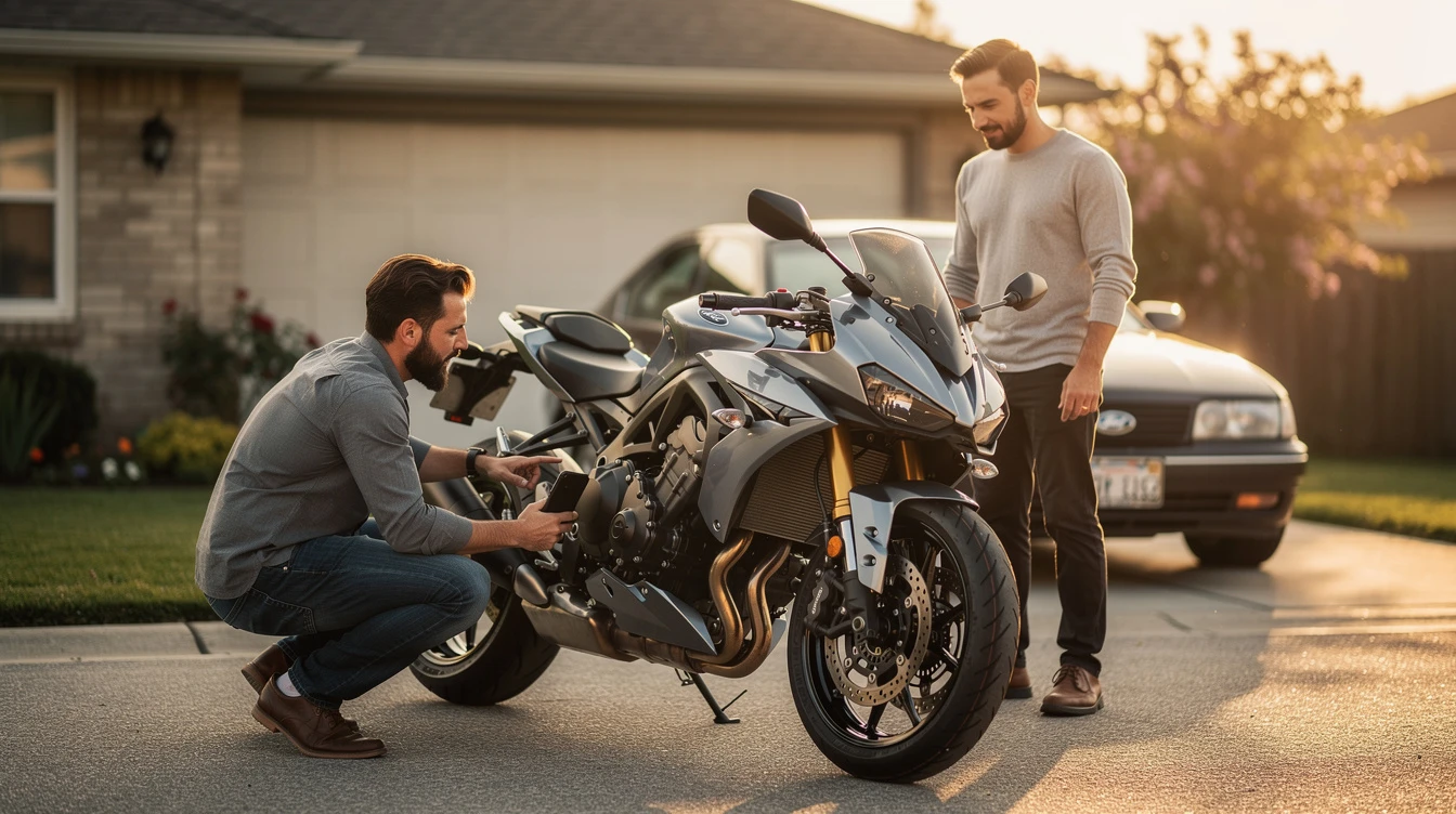 Two men inspecting a sport motorcycle in driveway before purchasing from private seller safely