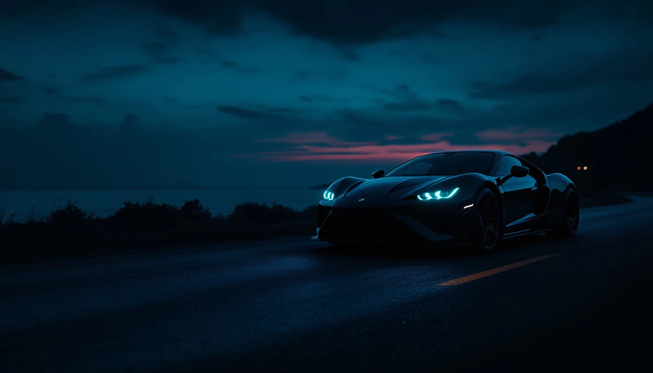 Sleek sports car with illuminated headlights parked on road at twilight, representing new model year vehicle releases.