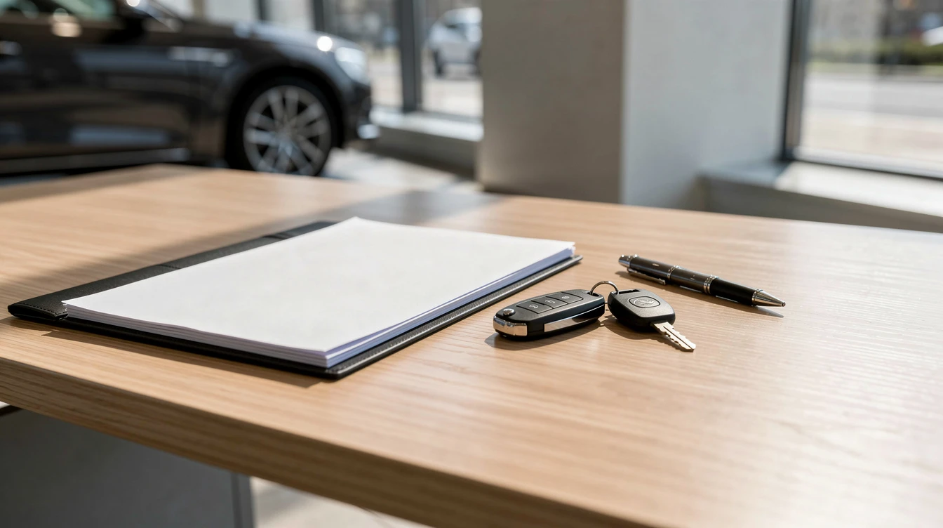 Car dealership desk with unsigned vehicle title documents, keys, and pen ready for signing