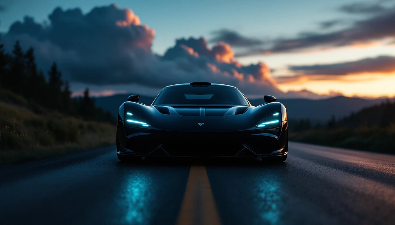 Black sports car driving on mountain road at sunset with glowing headlights and dramatic sky