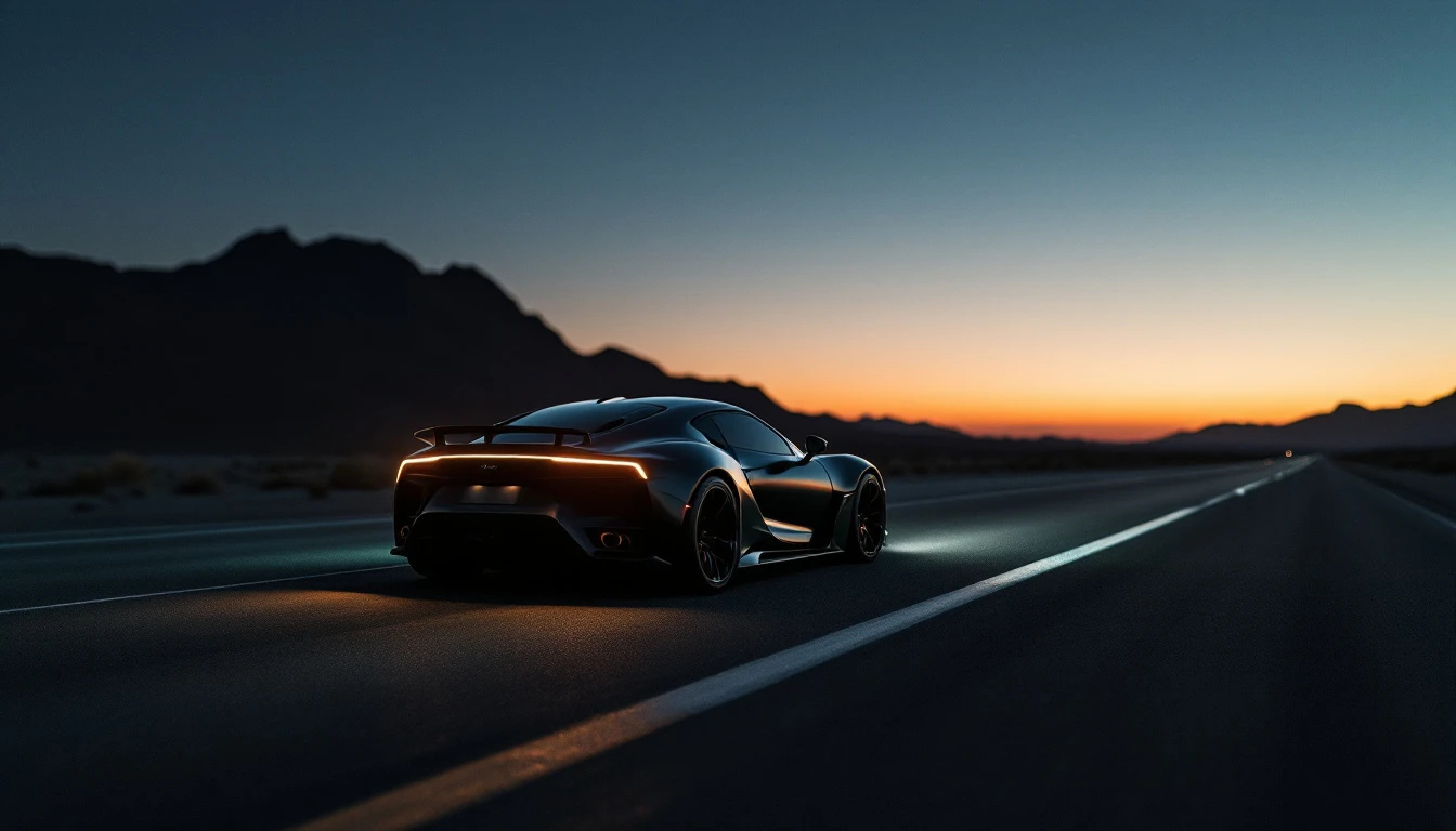 Elevated sports car driving on desert highway at sunset with headlights on, showcasing vehicle registration benefits