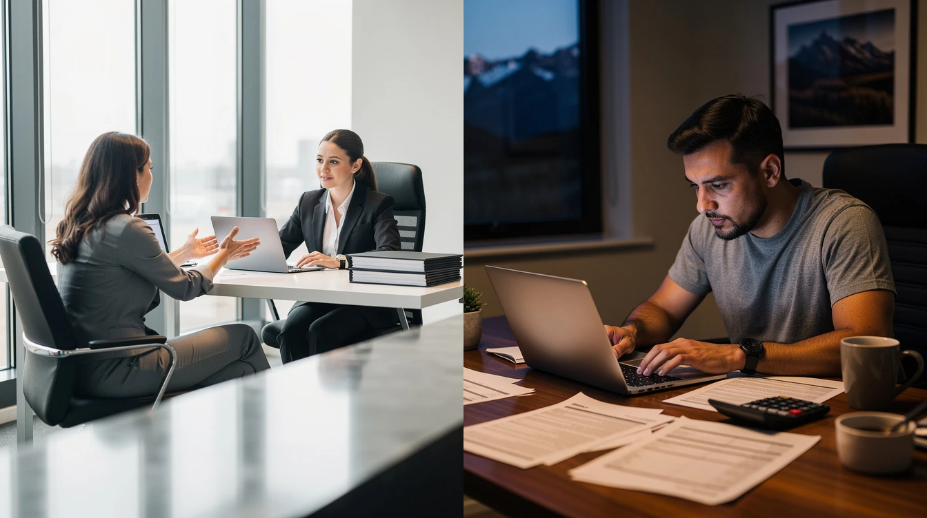 Professional woman conducting business meeting in modern office versus man working independently on laptop at home desk setup