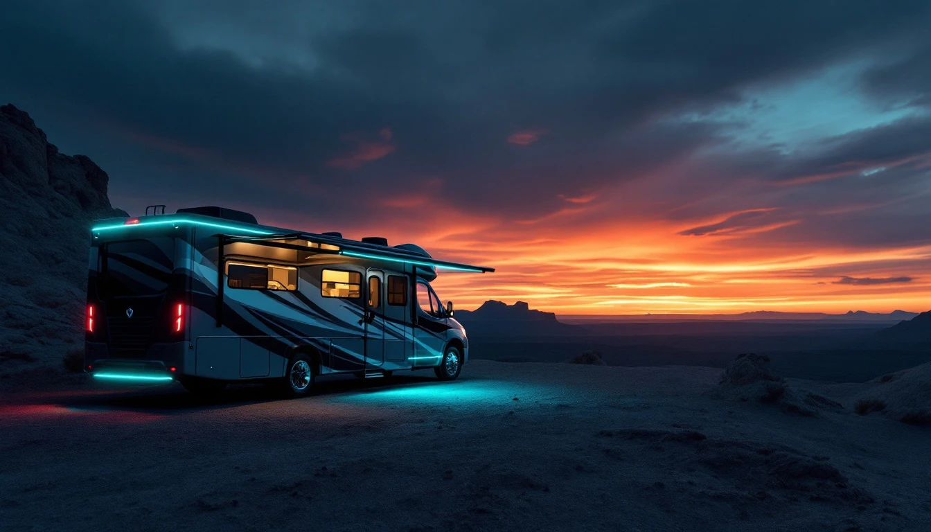 Modern electric RV with neon cyan lighting parked in desert landscape at sunset