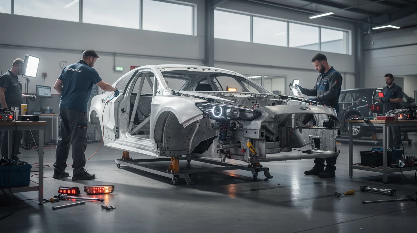 Technicians assembling white Ford race car body in white in professional shop for street legal conversion