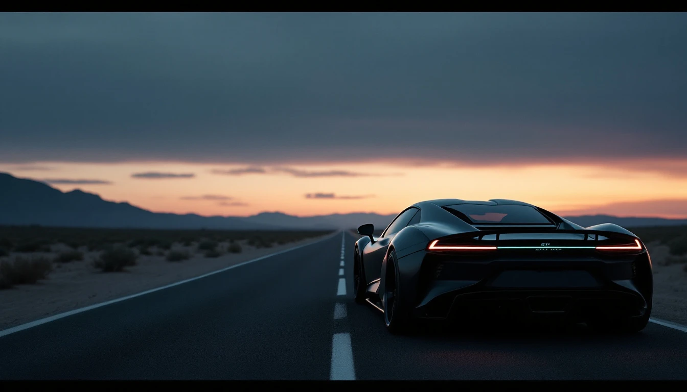 Black sports car driving desert highway at sunset, symbolizing freedom and adventure travel across California landscapes