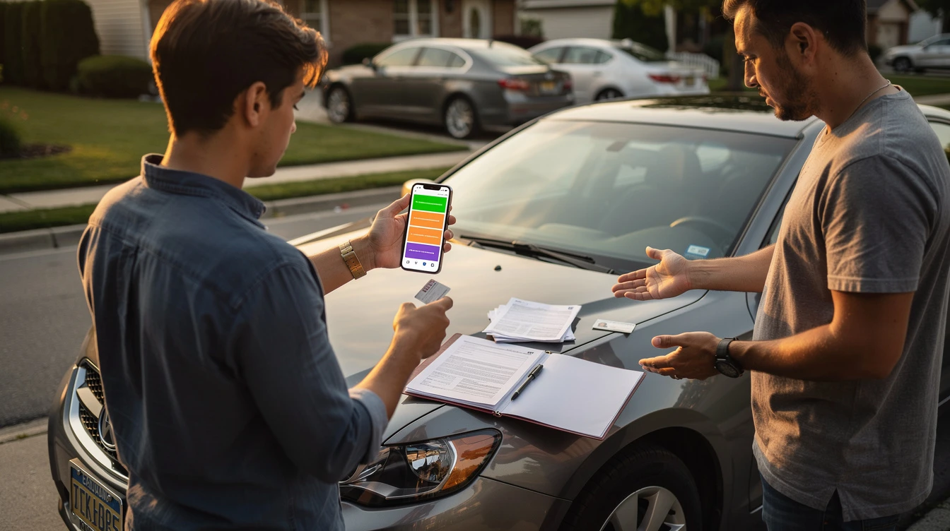 Two men reviewing car purchase documents on vehicle hood with smartphone showing payment app in suburban driveway setting