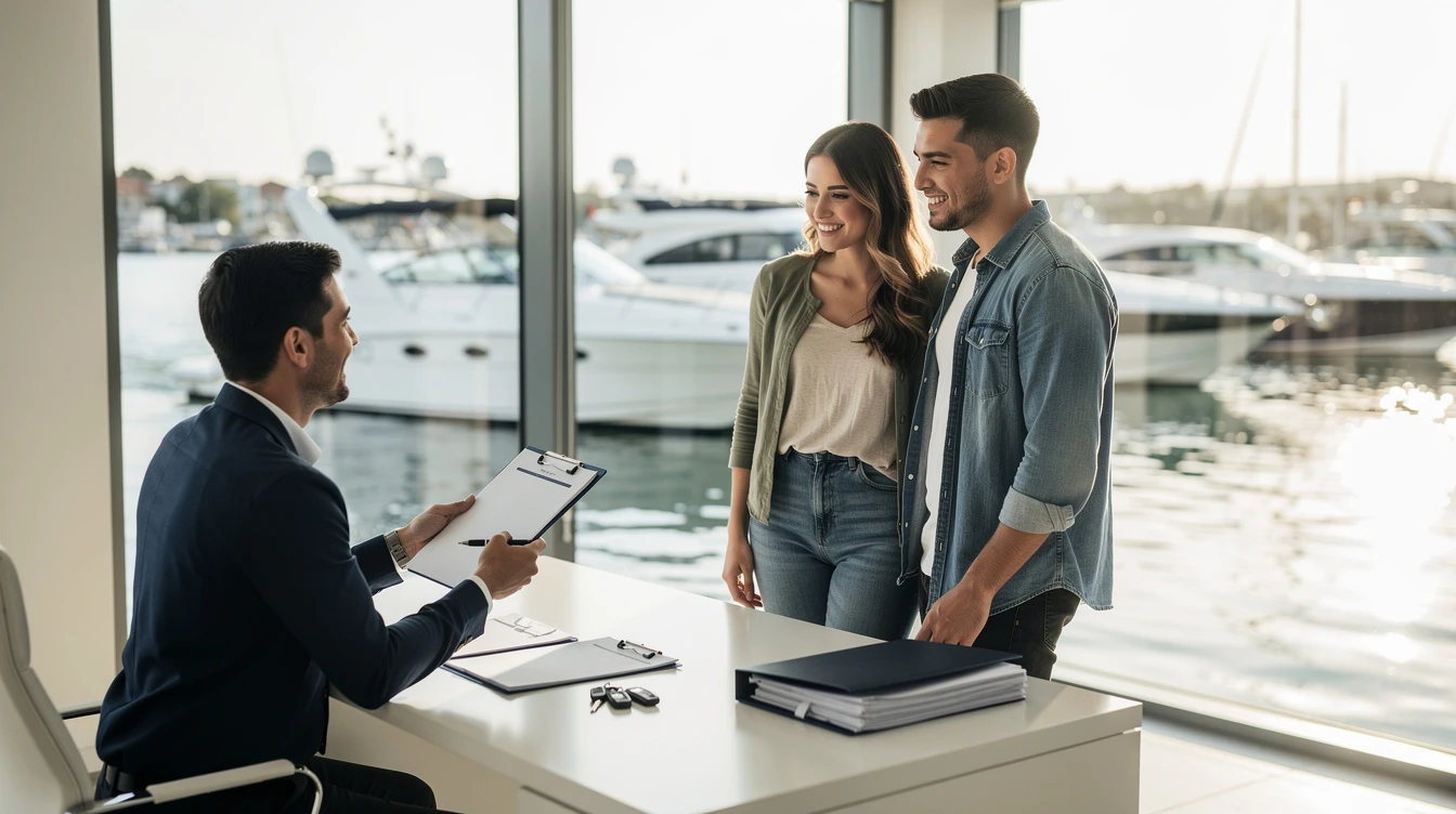 Salesman discussing boat purchase paperwork and registration with young couple at marina office overlooking yachts