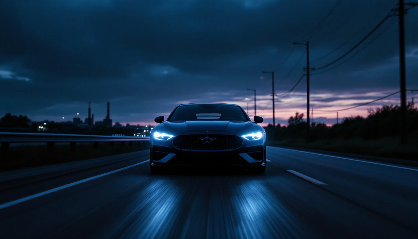 Dark sports car driving on highway at dusk with headlights on, illustrating Ohio driving laws and safe driving practices