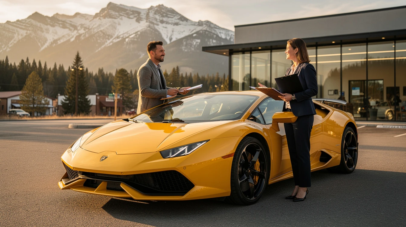 Two professionals discussing elevated Lamborghini sports car registration and ownership documentation outdoors.