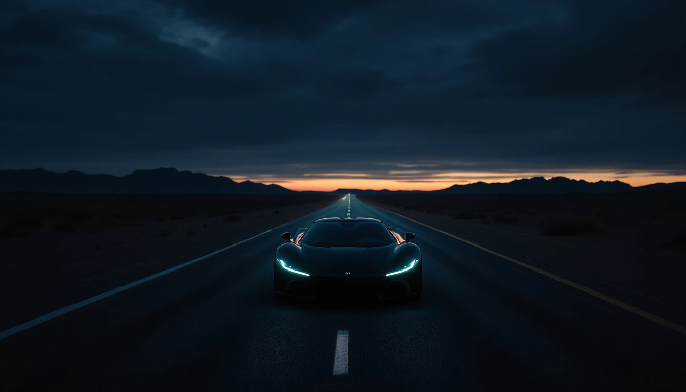 Motorcycle and sports car with glowing lights parked at dusk for Father's Day celebration