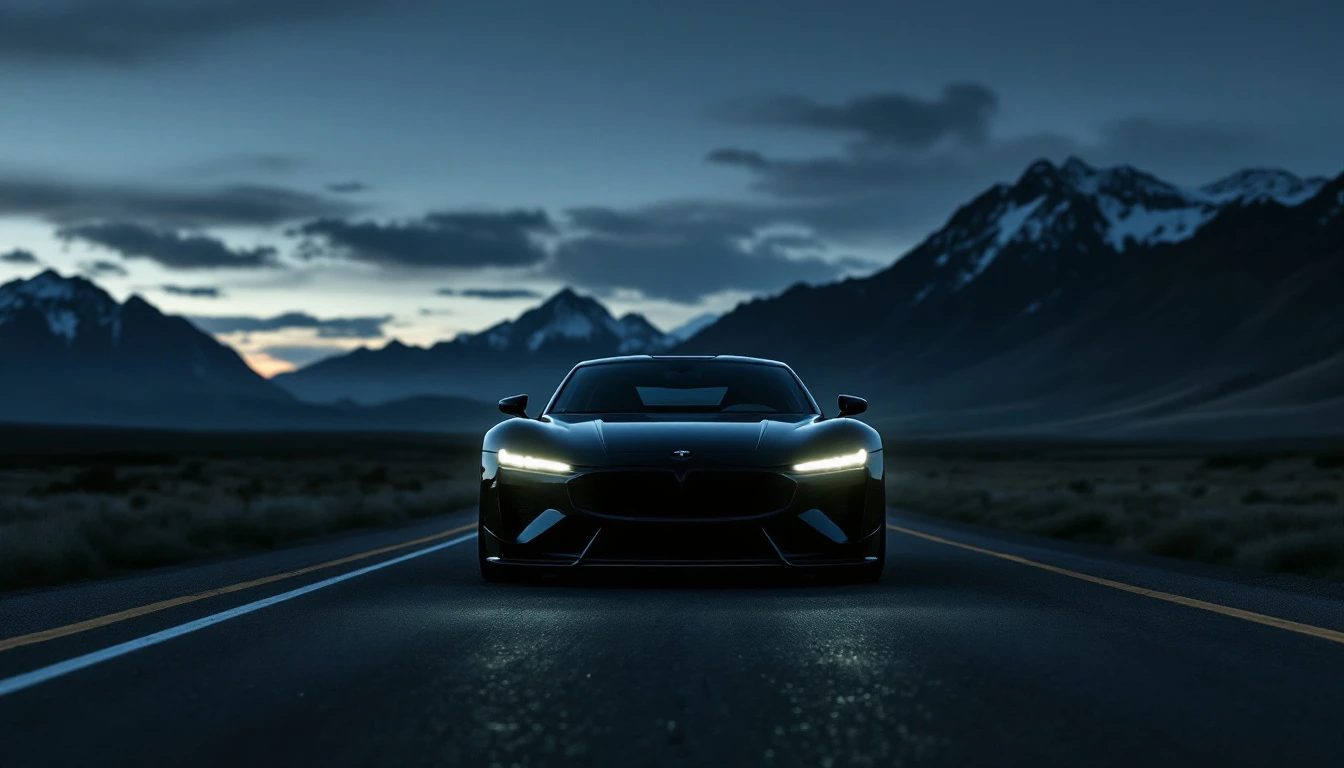Black sports car driving on mountain highway at dusk with snow-capped peaks in background