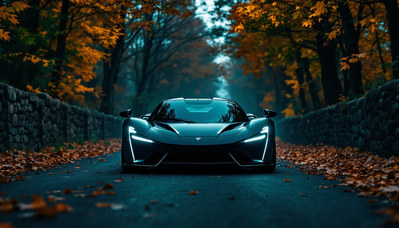 Sleek sports car driving on autumn tree-lined road, illustrating Connecticut driving laws and safe vehicle operation.