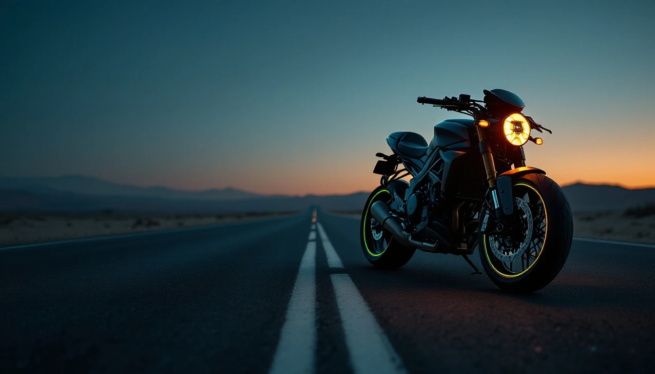 Sleek motorcycle parked on desert highway at sunset with glowing headlight and mountains in background