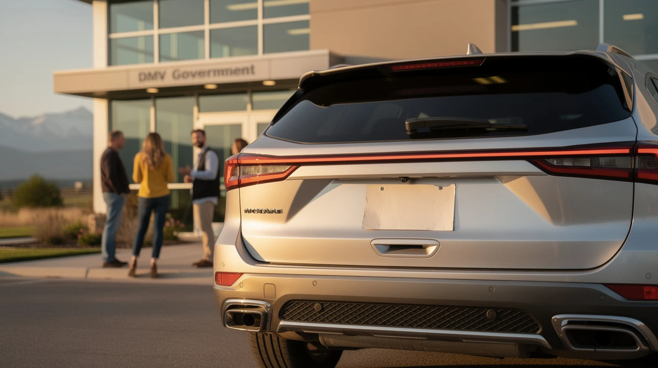 Silver SUV with temporary tag parked outside DMV government building where drivers obtain Montana temp tags for vehicles