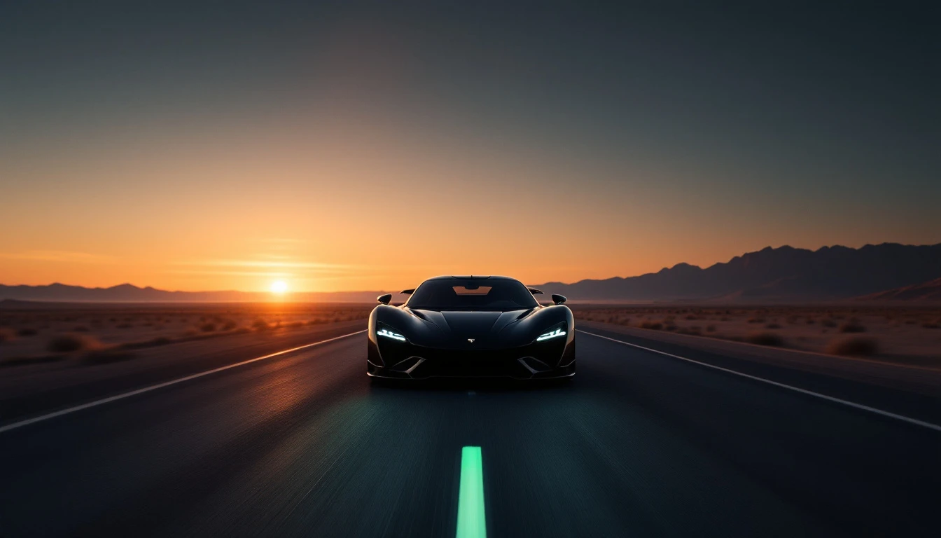 Black sports car driving desert highway at sunset, symbolizing high-performance vehicle costs and automotive market prices