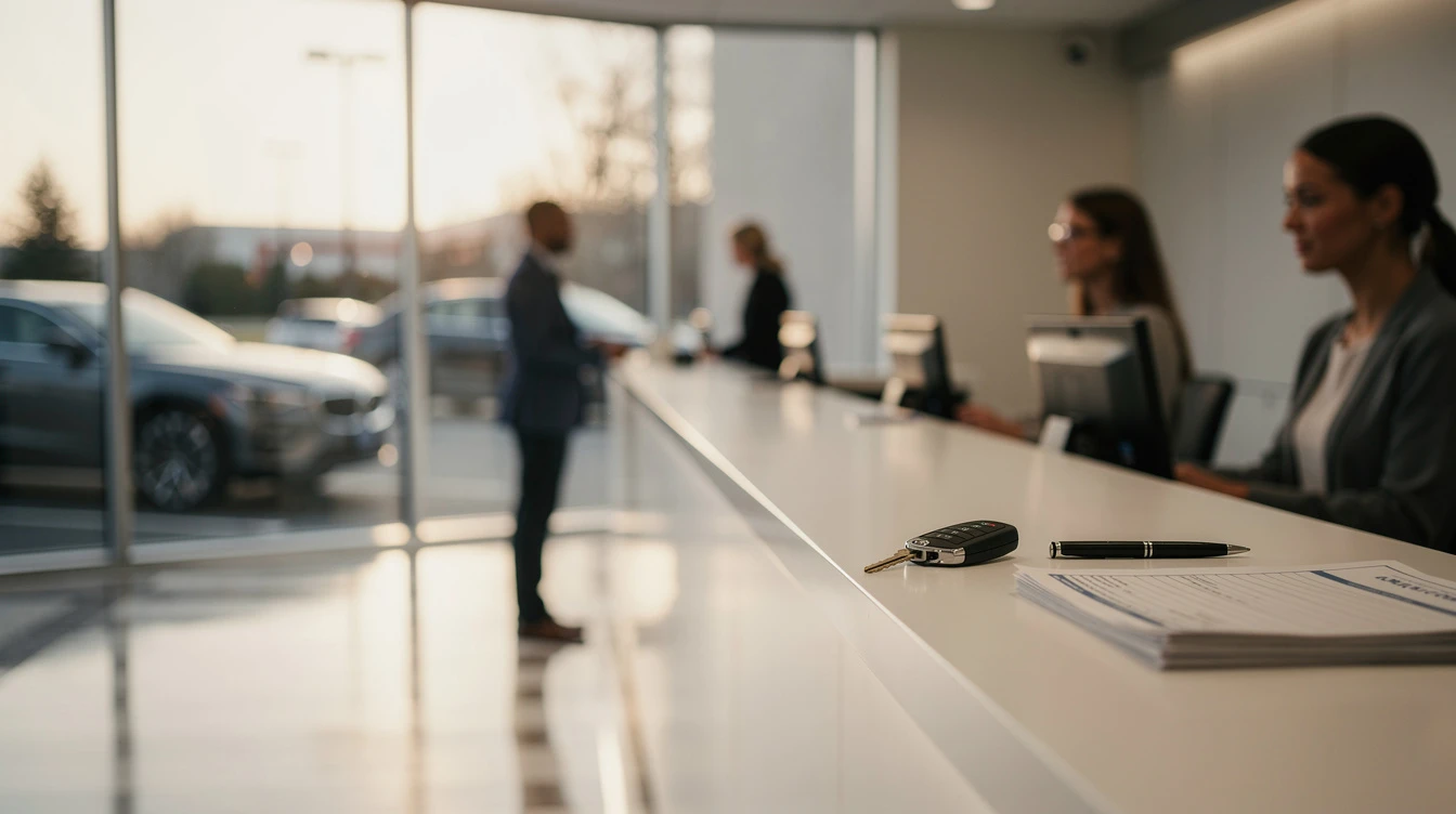 Car dealership showroom with vehicle keys and sales documents on counter