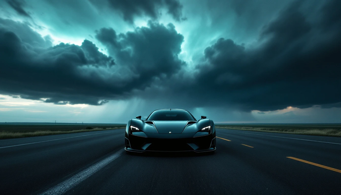 Sleek sports car driving on empty highway under dramatic stormy sky, illustrating vehicle purchase and ownership concepts