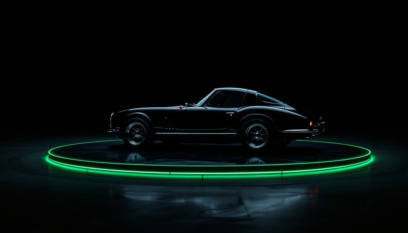 Classic black sports car displayed on glowing green circular platform against dark background studio setting