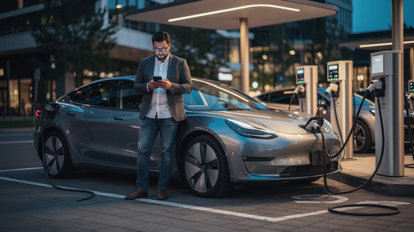 Businessman charging electric vehicle at public charging station at dusk, representing EV ownership costs and expenses.