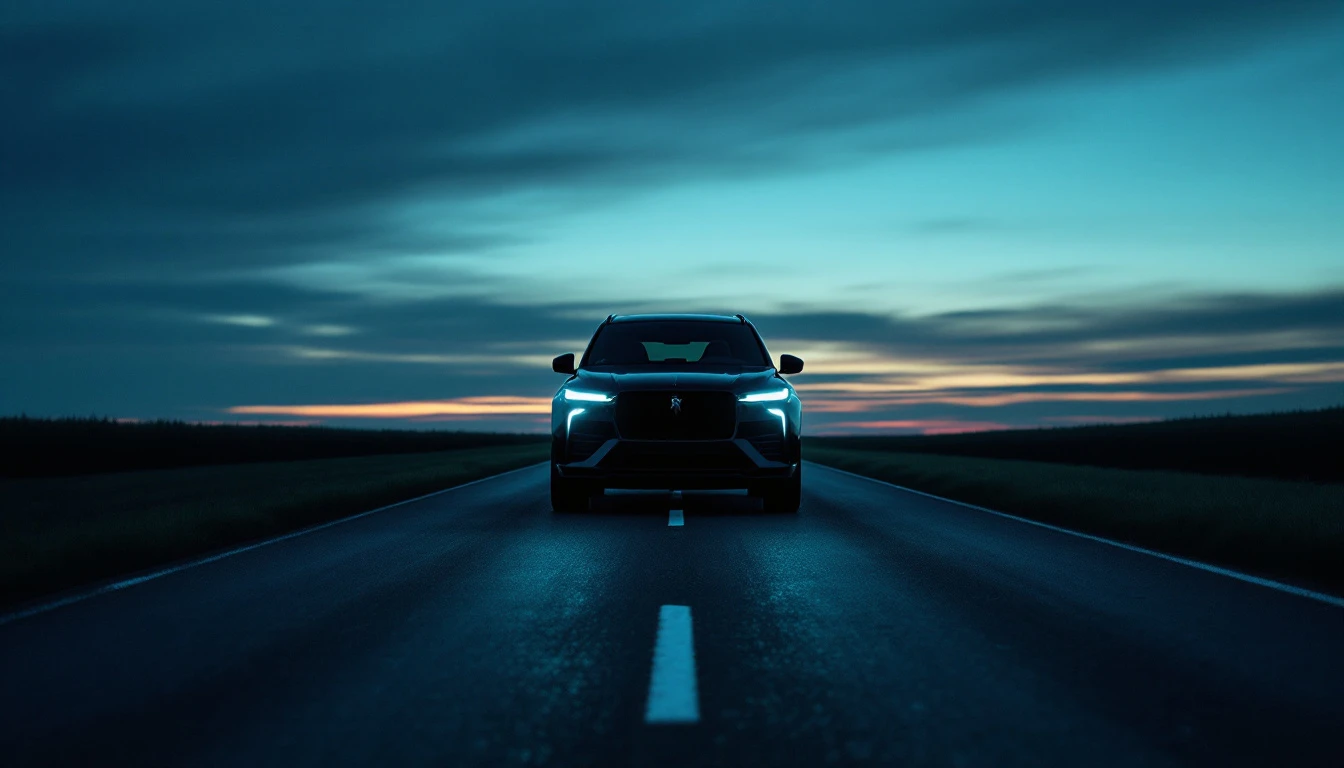 Modern SUV driving on highway at dusk, symbolizing vehicle purchase and Indiana sales tax considerations