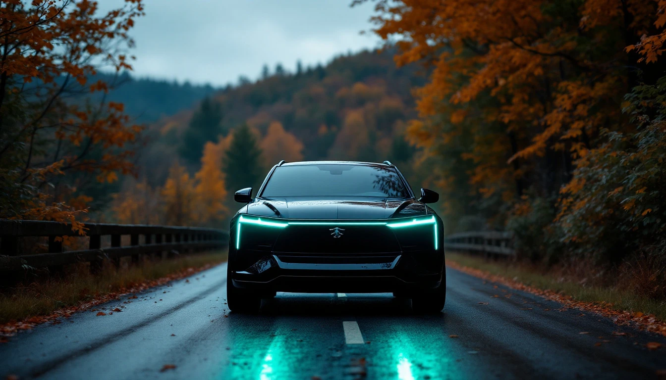 Modern electric vehicle with glowing teal headlights driving on Vermont mountain road lined with autumn foliage