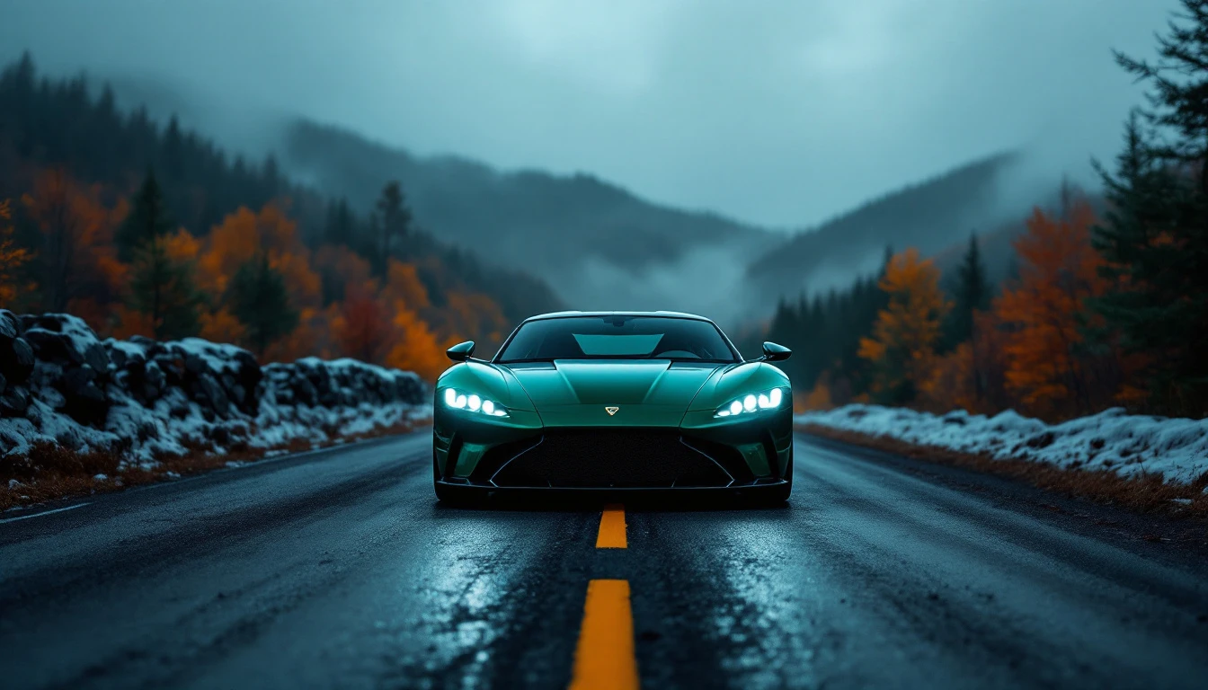 Elevated sports car driving on mountain highway during autumn with headlights