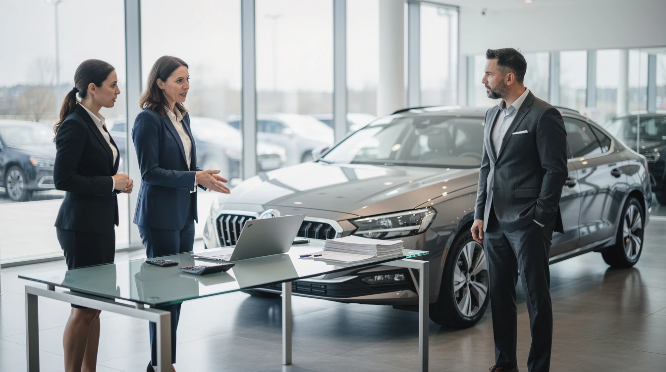 Professional car dealership team discussing vehicle purchase strategies with elevated sedan showroom display