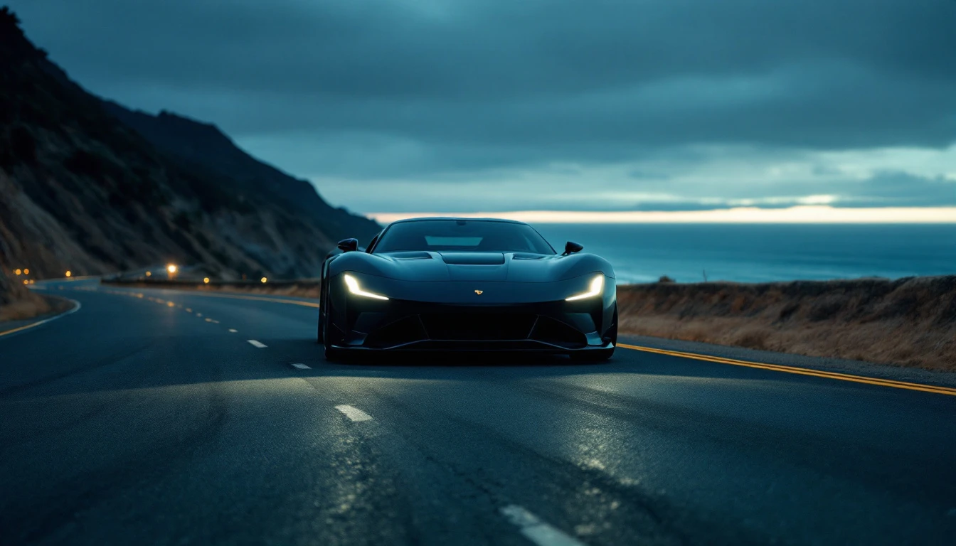 Black sports car driving on coastal highway at dusk with ocean view and mountain backdrop