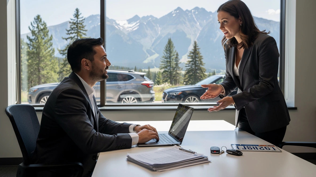 Two professionals discussing vehicle registration in modern dealership office overlooking cars and mountains