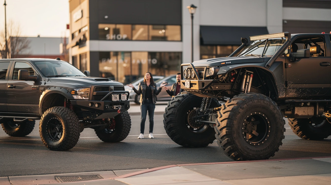 Modified pickup truck and monster truck parked on urban street