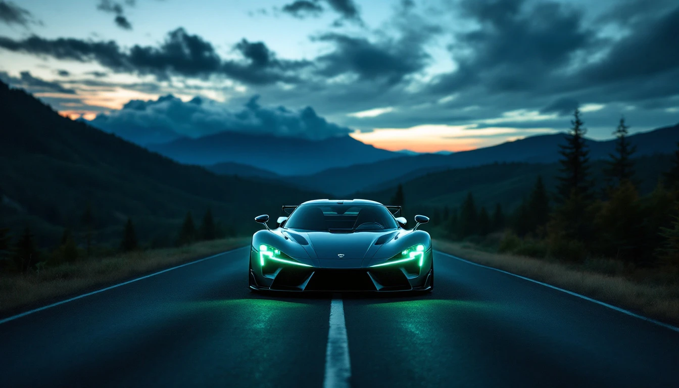 Sports car with illuminated headlights driving on mountain highway at dusk, representing road safety and driving regulations.