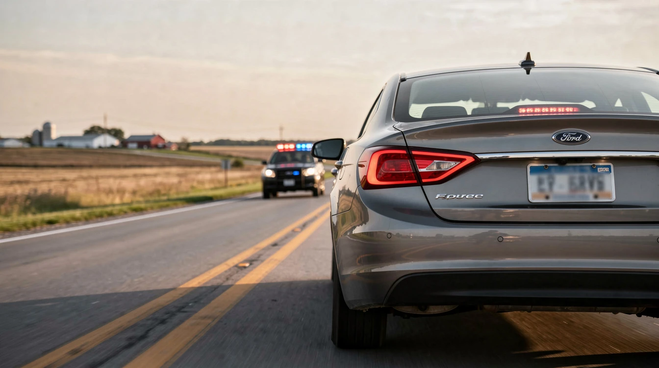 Gray Ford sedan pulled over by police car on rural Iowa highway with expired registration tags visible