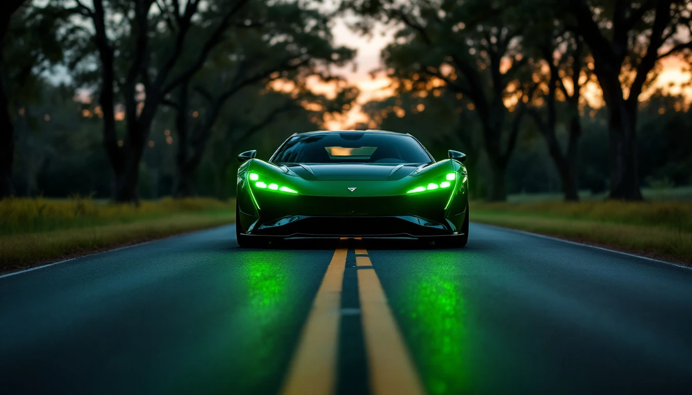 Green sports car driving on empty highway at dusk with headlights